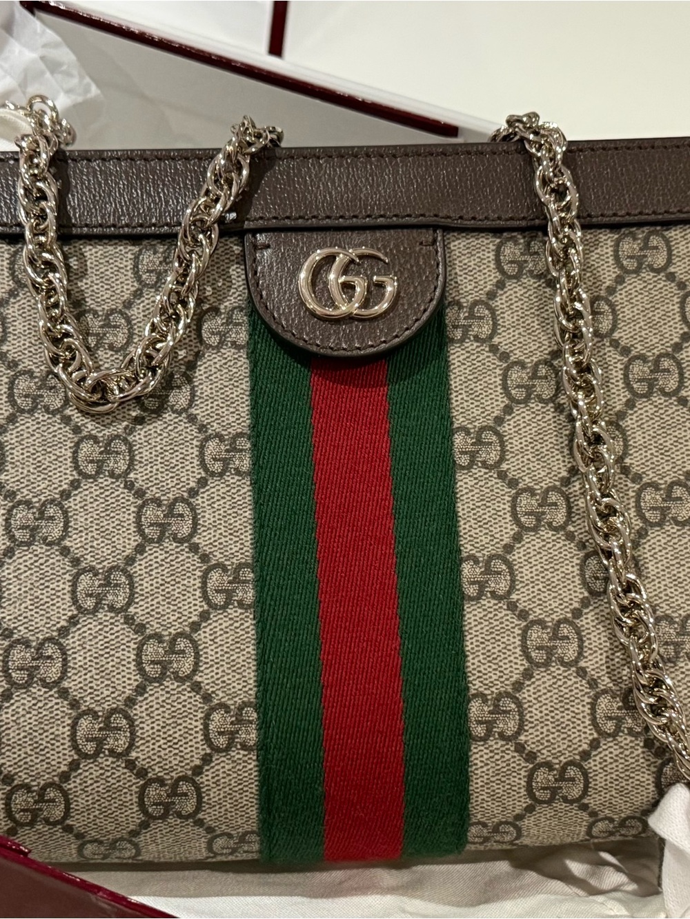 Gucci Beige GG Supreme Shoulder Bag with Green and Red Web